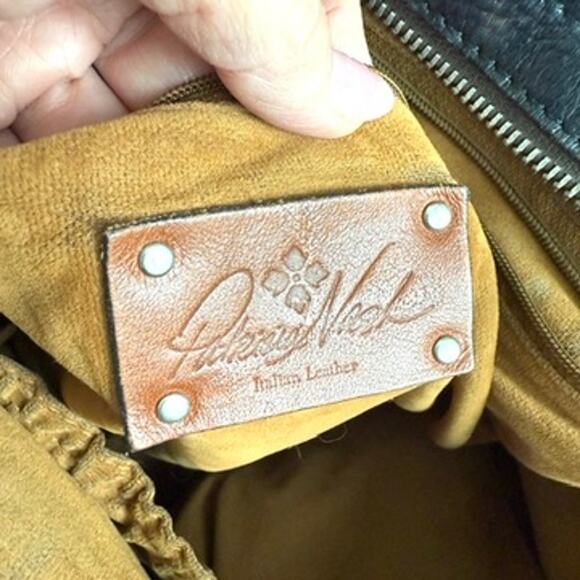 Patricia Nash Tooled Leather Tote Black Brown Fringe Handles Boho Western Bag - Picture 5 of 10